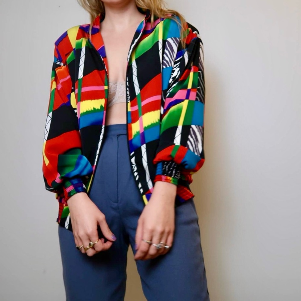 Vintage 80s 90s Abstract Patchwork Bomber Jacket – Zebra Print, Colorblock